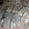 茗荷沢層の安山岩溶岩の露頭写真<br>
            粗い節理の見られる塊状の安山岩です。<br>
            <br>
            Locality : 宇都宮市新里町栗谷北方<br>