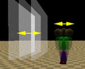 Fig. 2 shows auditory kinesthesis. This figure shows that, when the artificially-reproduced wall moves go-and-return slowly, the acquired person sways his/her body synchronously with its movement unconsiously. Next sentence is a title of this figure.