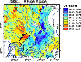 関東地方のカドミウムの陸・海域地球化学図