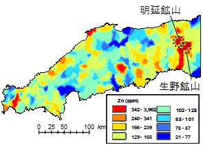 中国地方の亜鉛の地球化学図