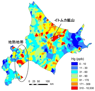北海道の水銀の地球化学図と水銀鉱山や地熱地帯との関係