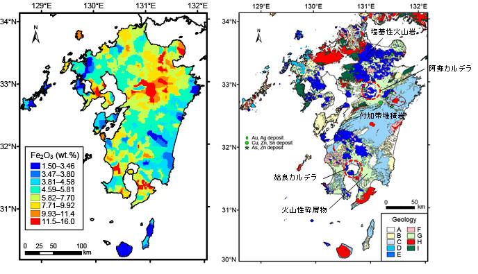 九州地方の地質図と鉄の地球化学図