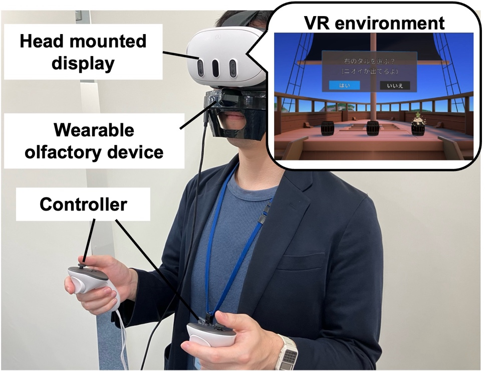 ヘッドマウントディスプレイと鼻の近くに装着したウェアラブル嗅覚デバイスを用いてVRを体験する様子。右上にVR画面の例を示している。
