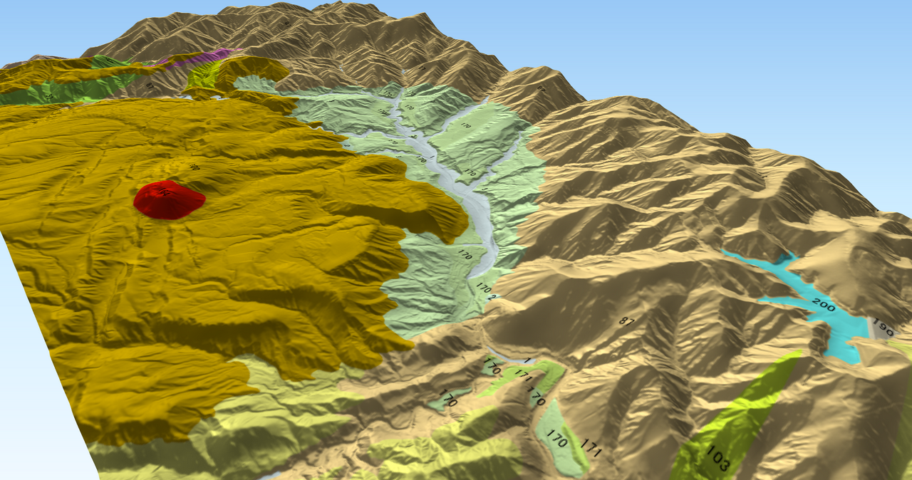 Qgis2threejsを利用した地質図の3D表示の例。