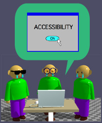 この図は、アクセスに困難を持つ人達（例えば視覚障害者、上肢障害者など）がアクセシビリティ設定ができなくて困っている様子を表した絵です。次の行は図のタイトルです。