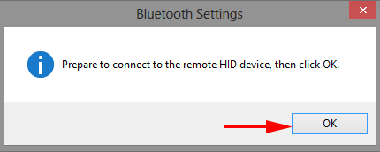 This figure shows pushing OK button on the window saying Prepare to connect to the remote HID device, then click OK.