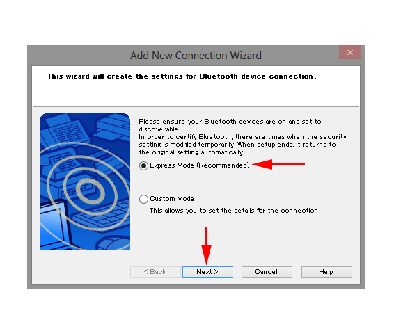 This figure shows selecting Express Mode and pushing Next button on the Add New Connection Wizard window.