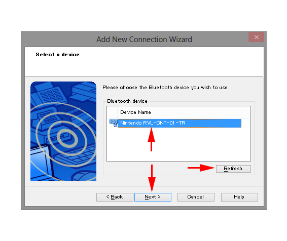 This figure shows selecting Nintendo RVL-CNT-01-TR in the device selection window on the Add New Connection Wizard, and pushing Next button.