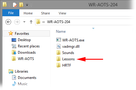 This figure shows the location of the Lessons folder of the WR-AOTS-204 folder.