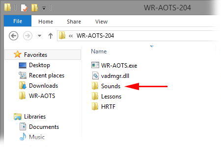 This figure shows the location of the Sounds folder of the WR-AOTS-204 folder.