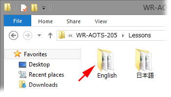 This figure shows the window of the Lessons folder of the WR-AOTS-205 folder. There is the Japanese folder and the English folder, and location of the Japanese folder is indicated.