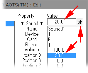 This figure shows that the Property value 0.0 in the Property value edit textbox is changed from 0.0 to 20, the Property value edit complete button is pushed, and the Property value of Position X in the Property value list changes to 20.0.