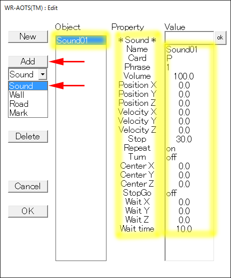 This figure shows pushing Add button after Sound was selected in the Kind list. Then some strings appear on the Object list, Property list and the Property value list.