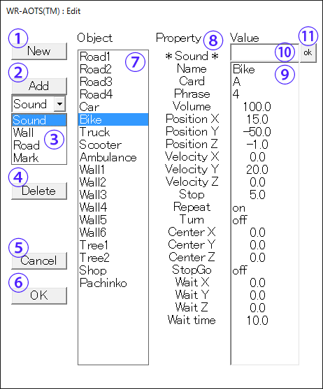 This figure shows the Edit window. Each parts in the window are numbered from 1 to 11. Explanations of each parts follow this figure.