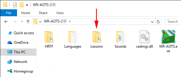 This figure shows the location of the Lessons folder in the WR-AOTS-210 folder.