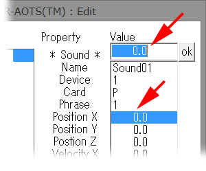 This figure shows that the Property value 0.0 of the Property Position X is selected, and the value 0.0 also appears in the Property value edit textbox.