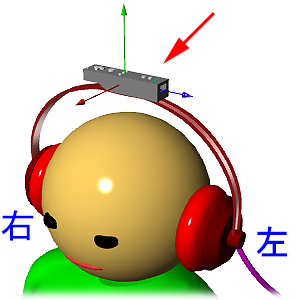 この図は、ヘッドホンのヘッドバンドにWii(R)リモコンプラス(TM)を装着している図です。