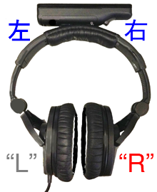 この図は、ヘッドホンのヘッドバンドにWii(R)リモコンプラス(TM)を装着している写真です。